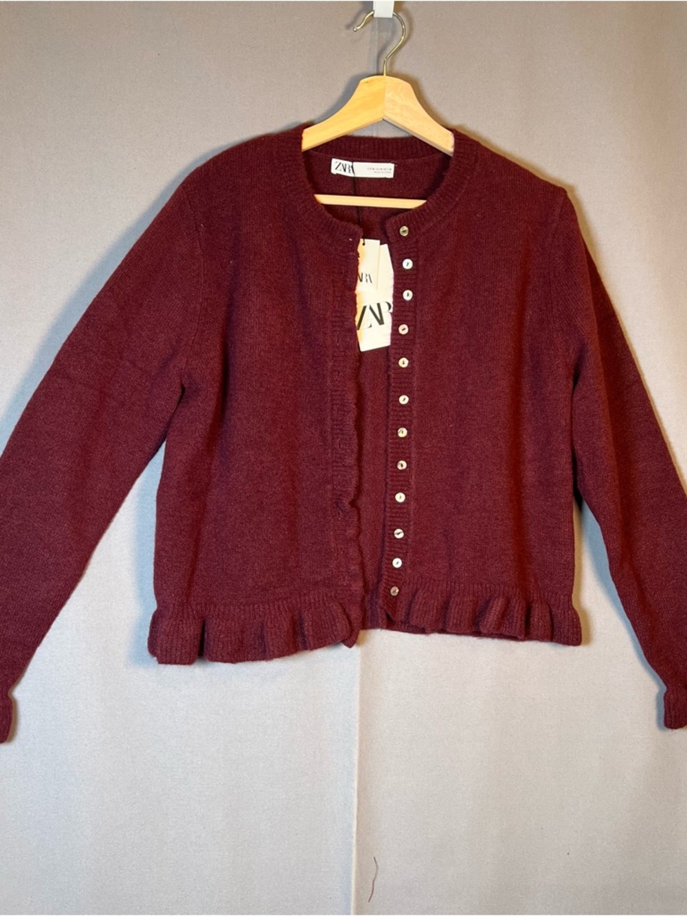 Zara Women's Burgundy Round Neck Ruffle Trim Soft Knit Button Cardigan NWT